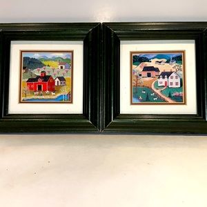 2 Steven Klein folk art prints matted and framed 6 x 6 inches